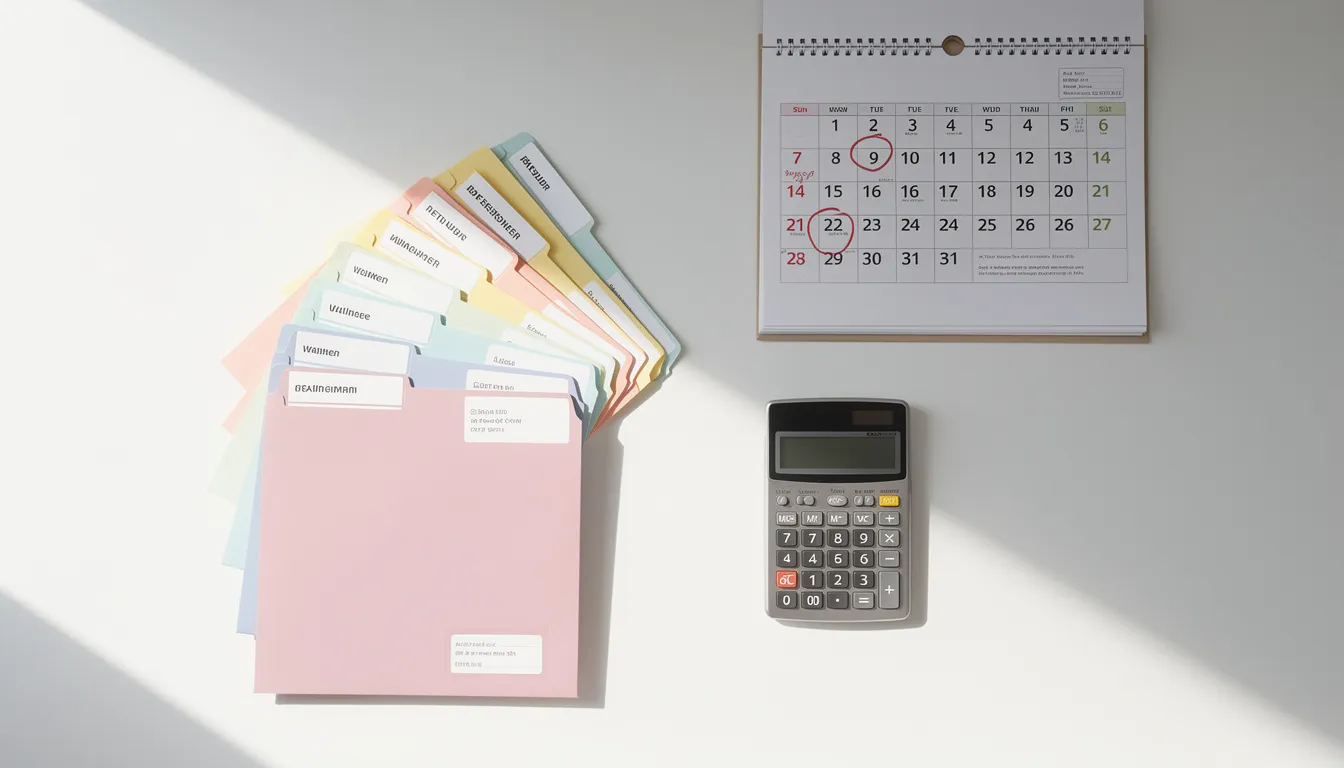 The image depicts an organized workspace featuring neatly arranged file folders, a calculator, and a calendar, symbolizing effective bookkeeping practices essential for real estate professionals. This setup reflects the importance of maintaining accurate financial records and managing personal and business finances in the real estate industry.