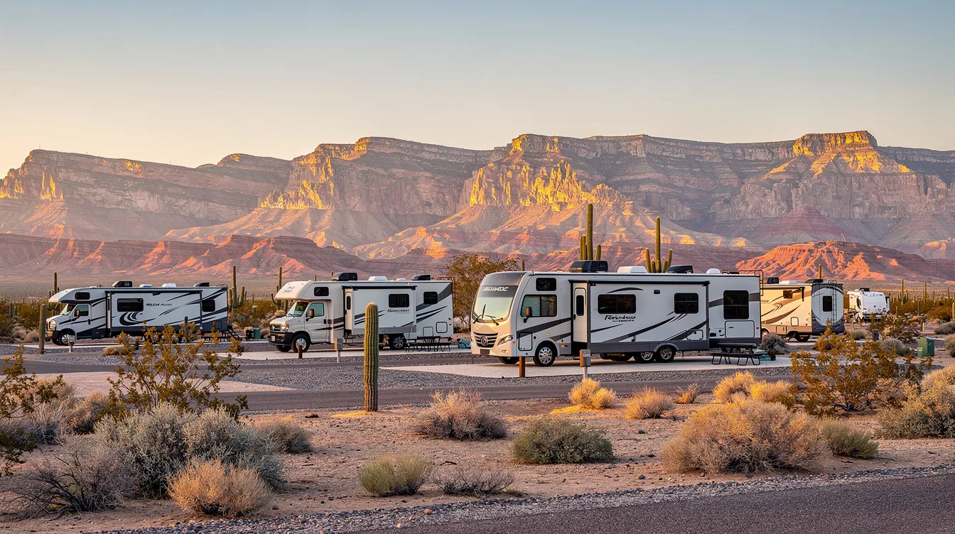 The image shows several RVs parked at a campground, with the stunning Arizona mountains rising majestically in the background. This peaceful setting highlights the perfect location for mobile RV service, where expert technicians can address any repairs needed for reliable cooling and comfort during your stay.