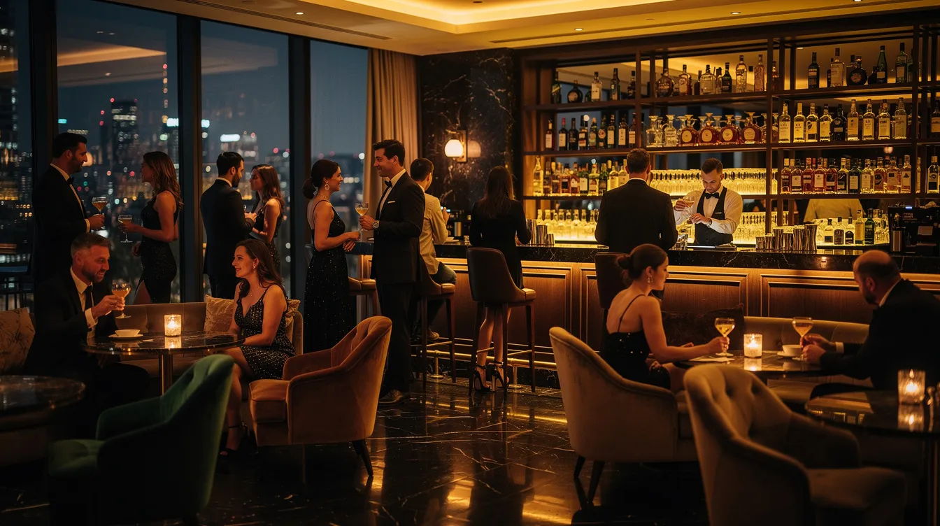 The image depicts a high-end cocktail lounge filled with adults mingling, creating an exclusive dating experience in a vibrant atmosphere. The scene captures individuals engaged in conversation, reflecting the lively dating scene where online daters can connect and form meaningful connections.