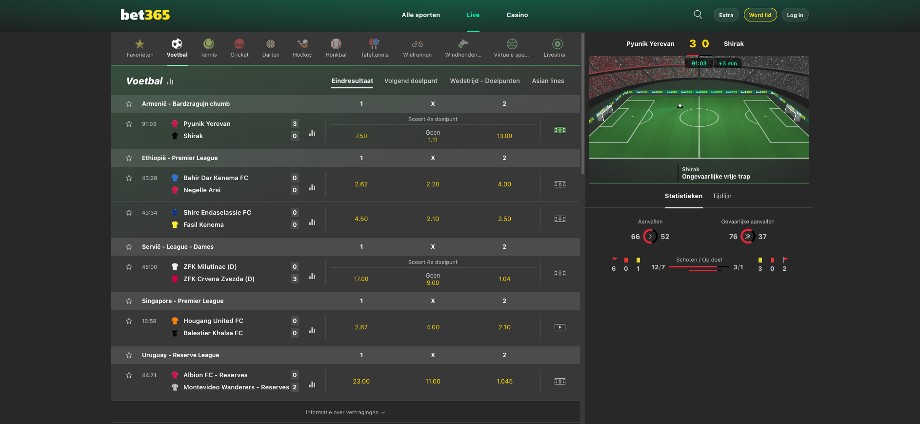 Overzicht van bet365 live wedden, met live voetbalwedstrijden, realtime odds en statistieken, waar spelers tijdens de wedstrijd kunnen inzetten op competities wereldwijd. ⚽
