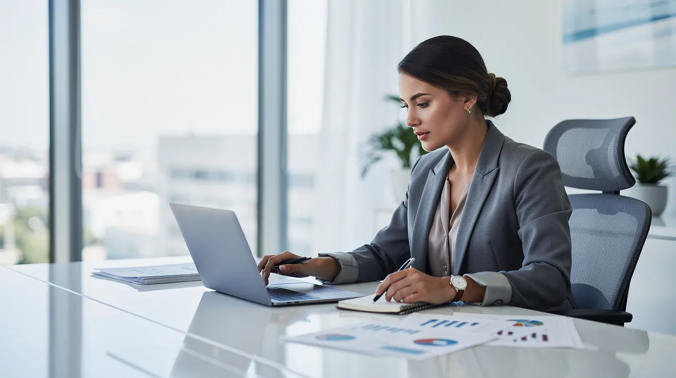 A professional woman is seated at a desk in a bright, modern office, intently reviewing financial documents on her laptop. The setting suggests a focus on payments and financial analysis, possibly related to the Hong Kong Monetary Authority or the Faster Payment System.