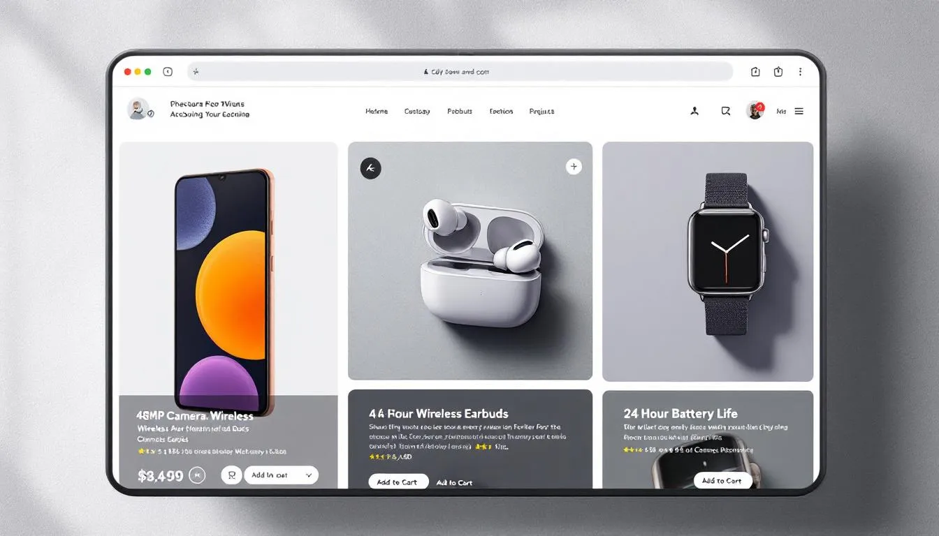 The image depicts a vibrant e-commerce workspace featuring a laptop displaying an online store interface, colorful product images, and a notepad filled with brainstorming ideas for successful online business ventures. Surrounding the workspace are items representing various online business ideas, such as clothing samples and marketing materials, illustrating the potential for creating a strong online presence in today's digital marketplace.