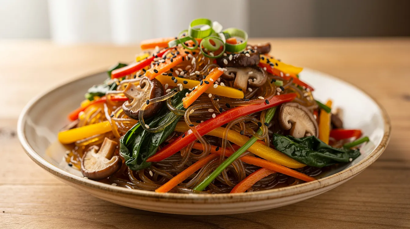 Colorful Korean glass noodles stir-fried with a medley of fried vegetables and topped with toasted sesame seeds.