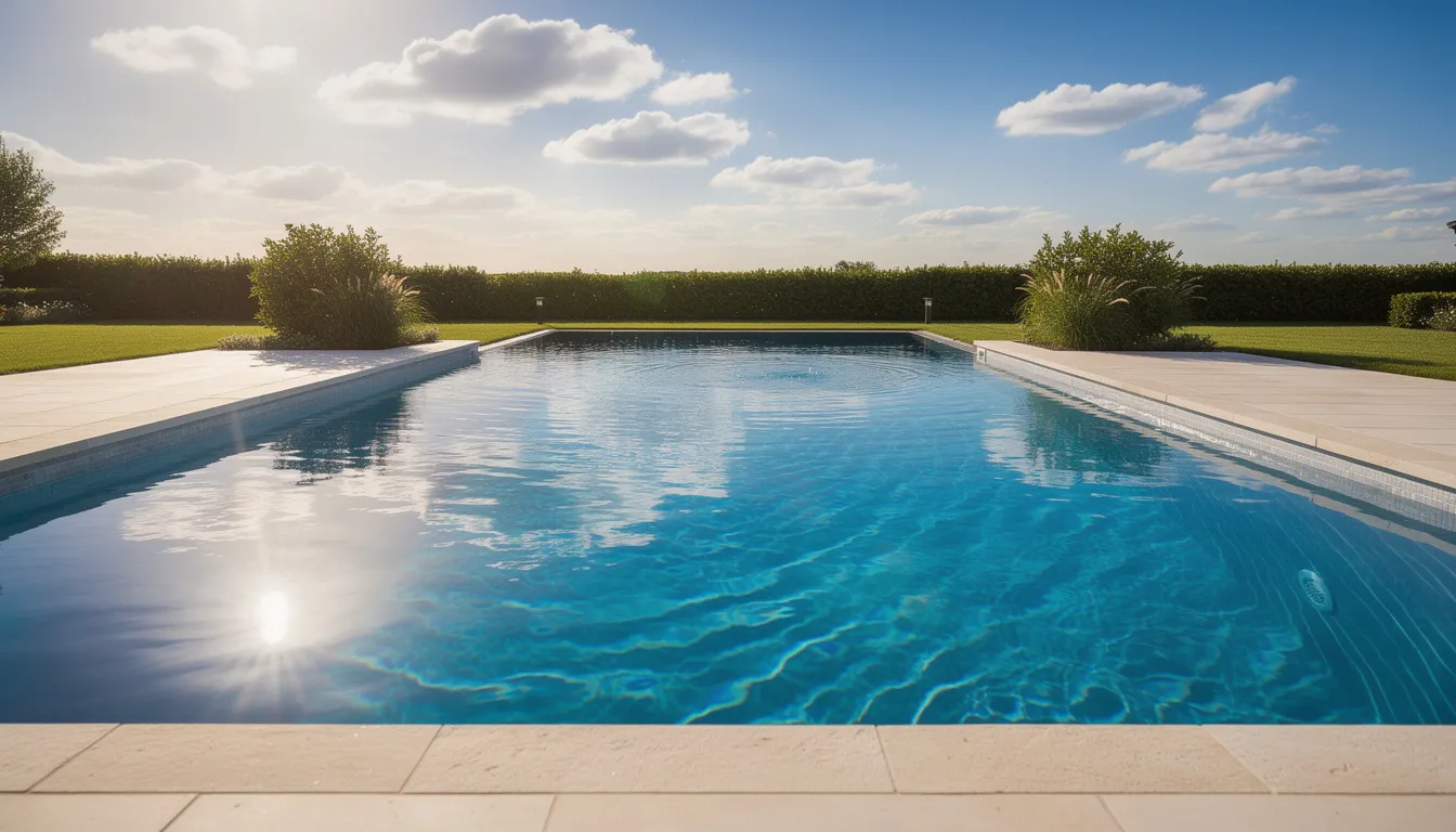 The image depicts a crystal clear backyard swimming pool on a sunny summer day, with blue water reflecting the sky, creating an inviting and enjoyable swimming environment. Proper pool water chemistry is essential for maintaining clarity and preventing algae growth, making this pool a perfect spot for relaxation and fun.