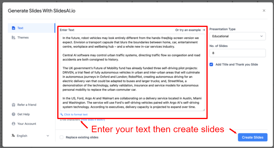 Image of Slides AI text input