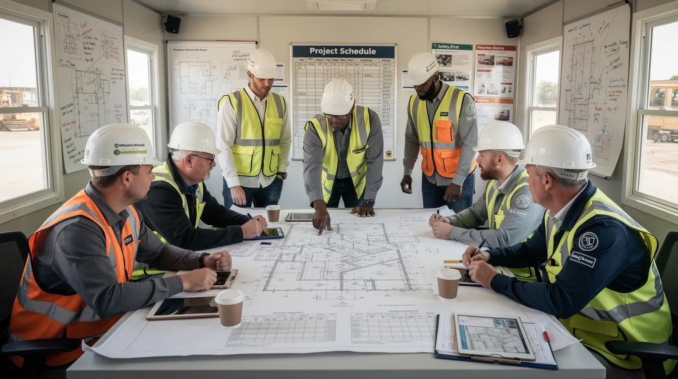 The image shows a diverse group of construction professionals wearing hard hats, engaged in a planning meeting inside a job trailer, discussing various aspects of commercial construction costs and project management. They are likely reviewing budgets, labor costs, and material expenses to ensure the success of their construction projects.
