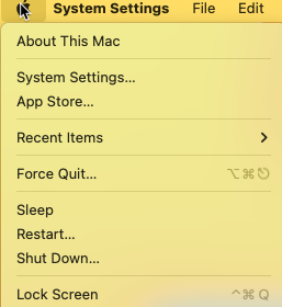 Apple side menu bar showing system settings