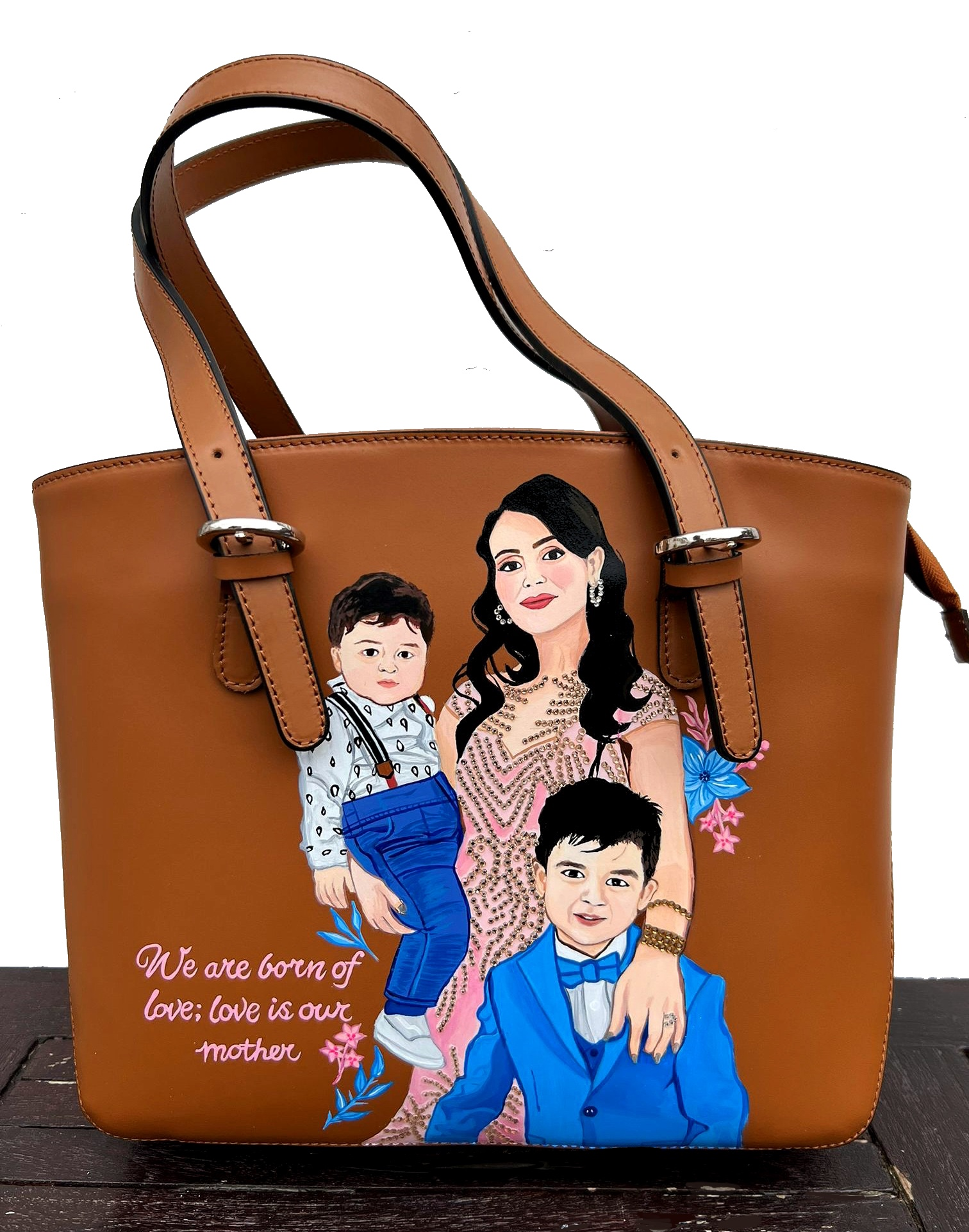 Hand painted leather bag with family portraits - mum and 2 sons 