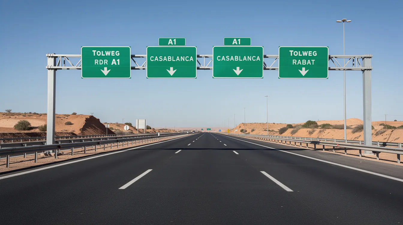 Een moderne tolweg in Marokko met groene borden en een strakke asfaltweg die naar de horizon loopt, biedt reizigers de kans om het koninkrijk Marokko te verkennen in hun huurauto. Deze route leidt naar adembenemende uitzichten en authentieke dorpjes, perfect voor een onvergetelijke reis.