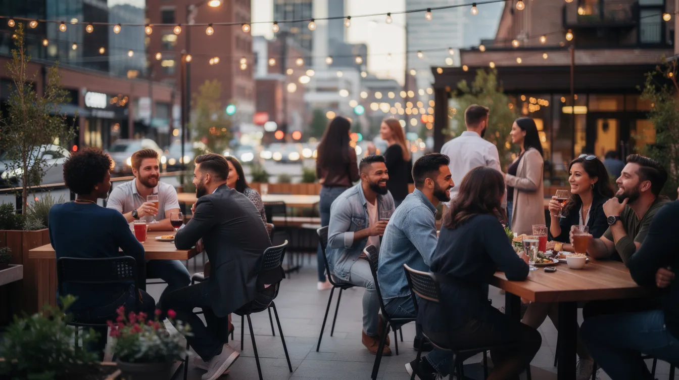 The image depicts a diverse group of young adults socializing at an outdoor mixer, illuminated by warm string lights in an urban setting. The scene captures the essence of modern dating, showcasing connections and conversations among young people as they navigate their dating lives and explore new relationships.