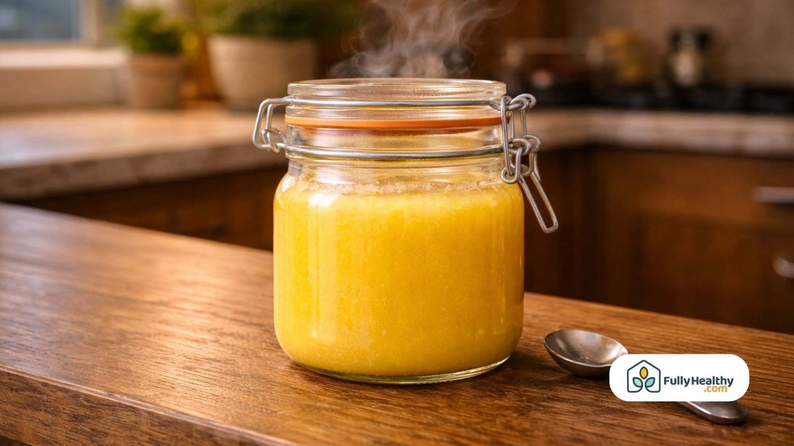 Homemade ghee cooling in glass jar on kitchen counter