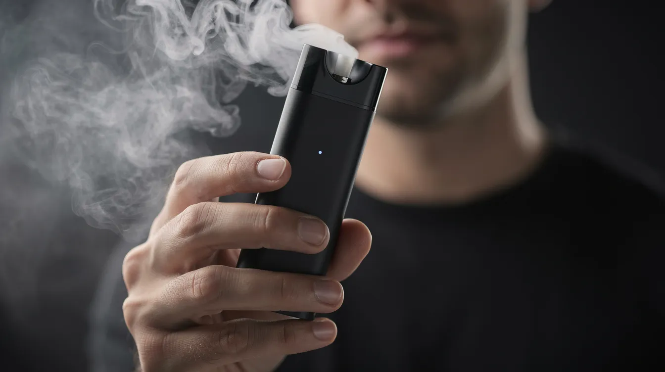 Eine Person hält ein modernes, tragbares Vaporizer-Gerät in der Hand, aus dem sichtbarer Dampf austritt. Dieses Gerät bietet eine alternative Methode zum Verdampfen von Cannabis, die gesundheitliche Vorteile im Vergleich zum Rauchen von Cannabis bieten kann.