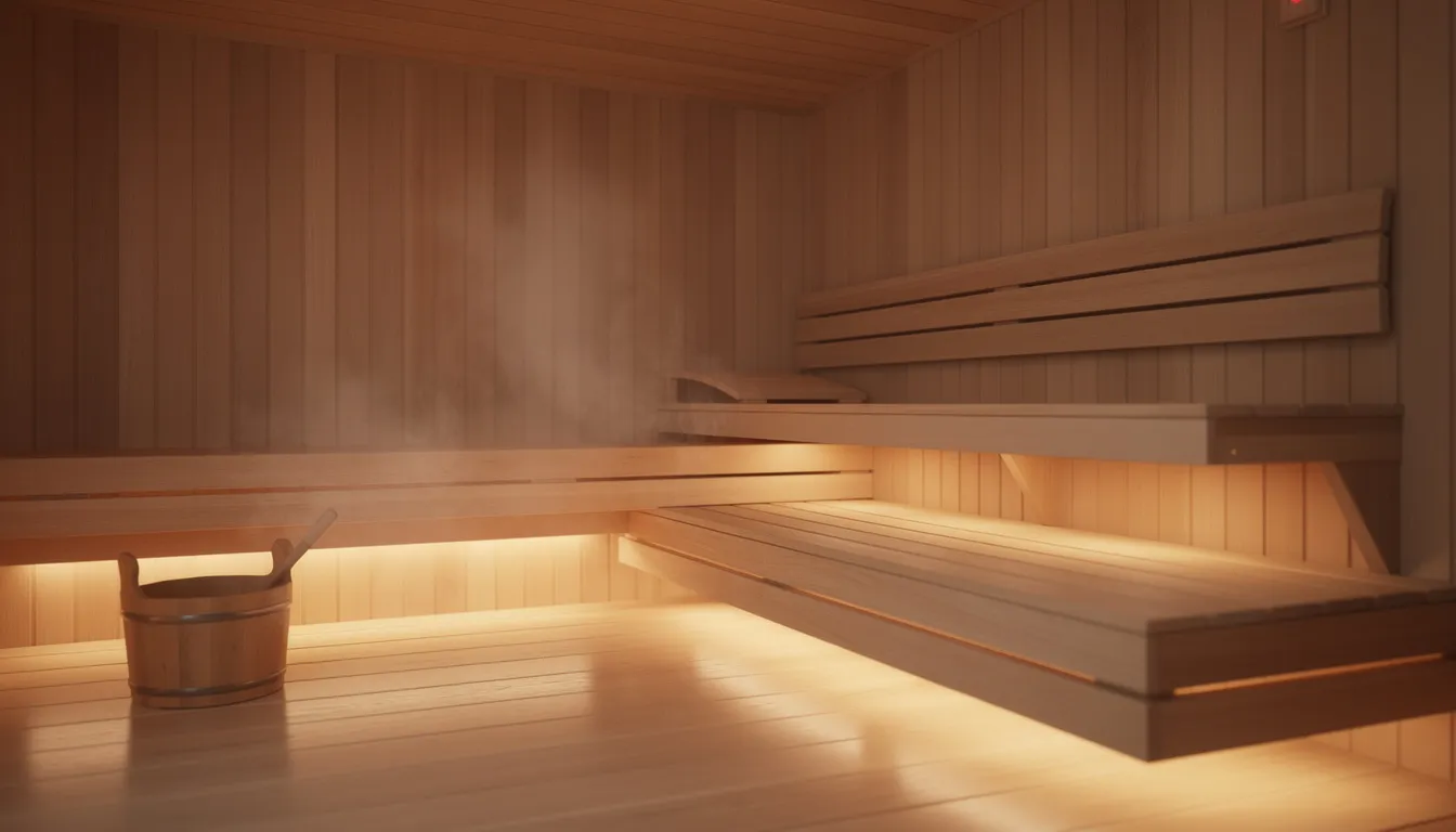 The image showcases a tranquil sauna room featuring warm indirect lighting that casts a soft glow beneath wooden benches, creating a relaxing atmosphere ideal for a rejuvenating sauna session. Essential sauna accessories, like towels and a sauna bucket, enhance the overall sauna experience, inviting you to unwind in this serene sanctuary.