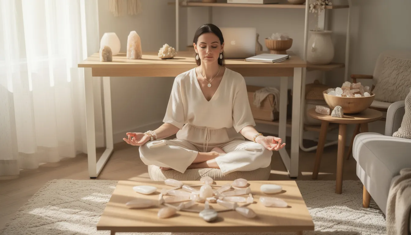 The image showcases an arrangement of cream colored gemstones and beige crystals, elegantly displayed as both jewelry and decorative objects. Their soothing energy and beautiful earthy tones enhance the atmosphere, promoting emotional balance and a sense of calm in daily life.