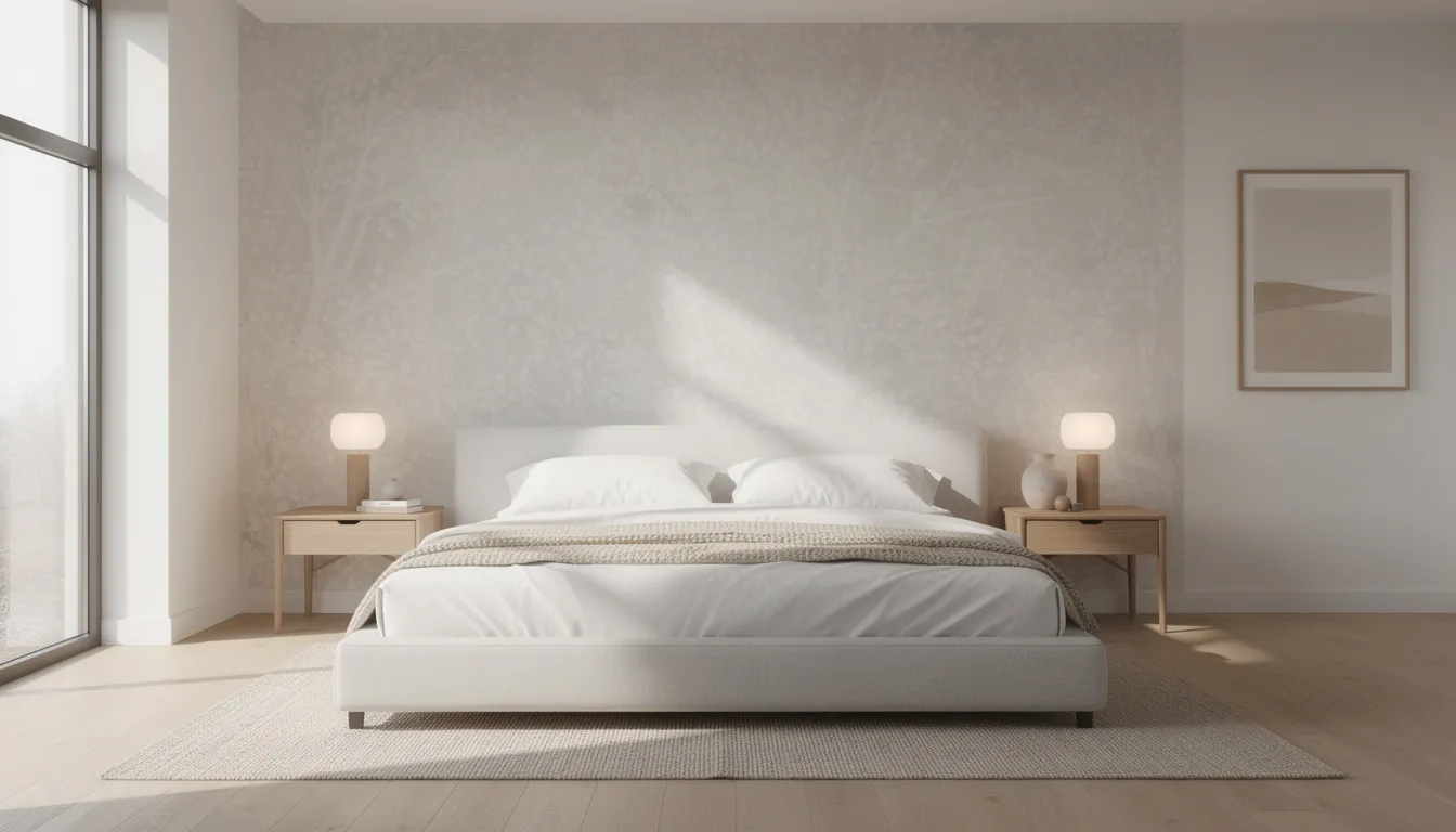 The image features a modern bedroom with a removable wallpaper creating a subtle accent wall behind the bed, adding visual interest to the small space. The room maximizes natural light and utilizes under bed storage, making it a clever solution for compact living in a studio apartment.