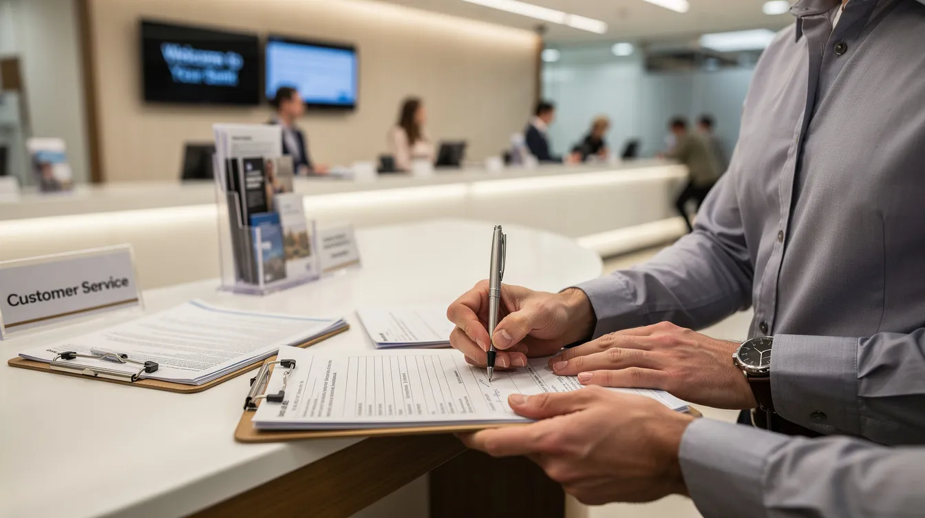 A person is seated at a bank counter, diligently filling out paperwork with a pen. The setting suggests a Tamilnad Mercantile Bank branch, where customers are likely managing their accounts or applying for services such as credit cards or business loans.