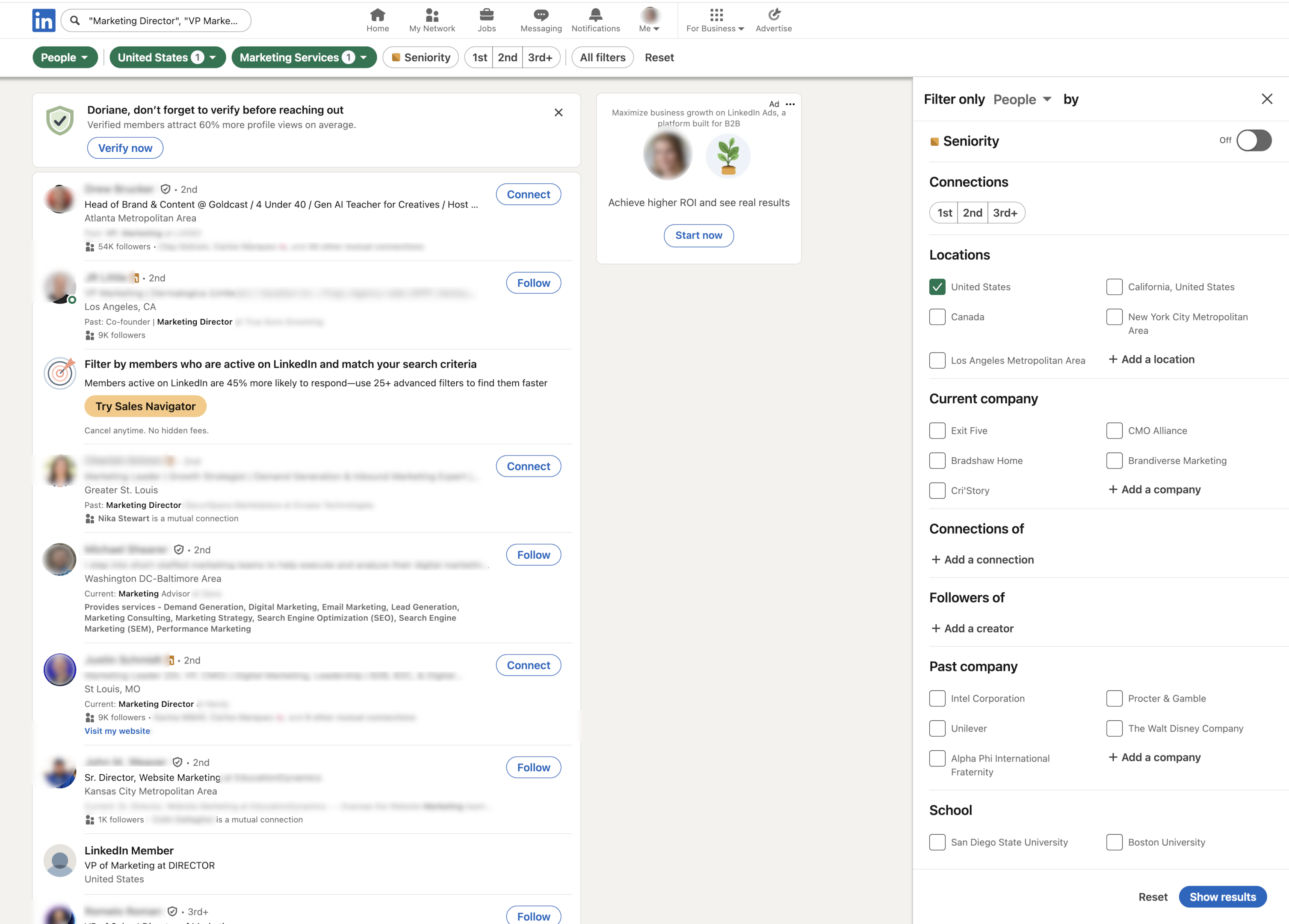 LinkedIn search filters example