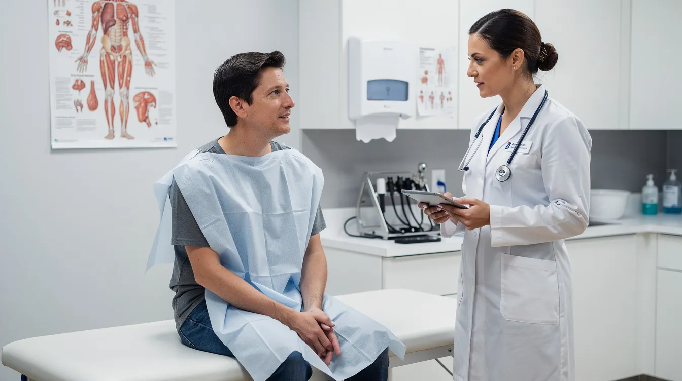 The image depicts a person sitting in a medical examination room, engaged in a consultation with a healthcare provider, likely discussing their workers' compensation claim and the process of reaching maximum medical improvement. The atmosphere suggests a focus on the independent medical examination and the treating physician's opinion regarding the patient's injury and treatment options.