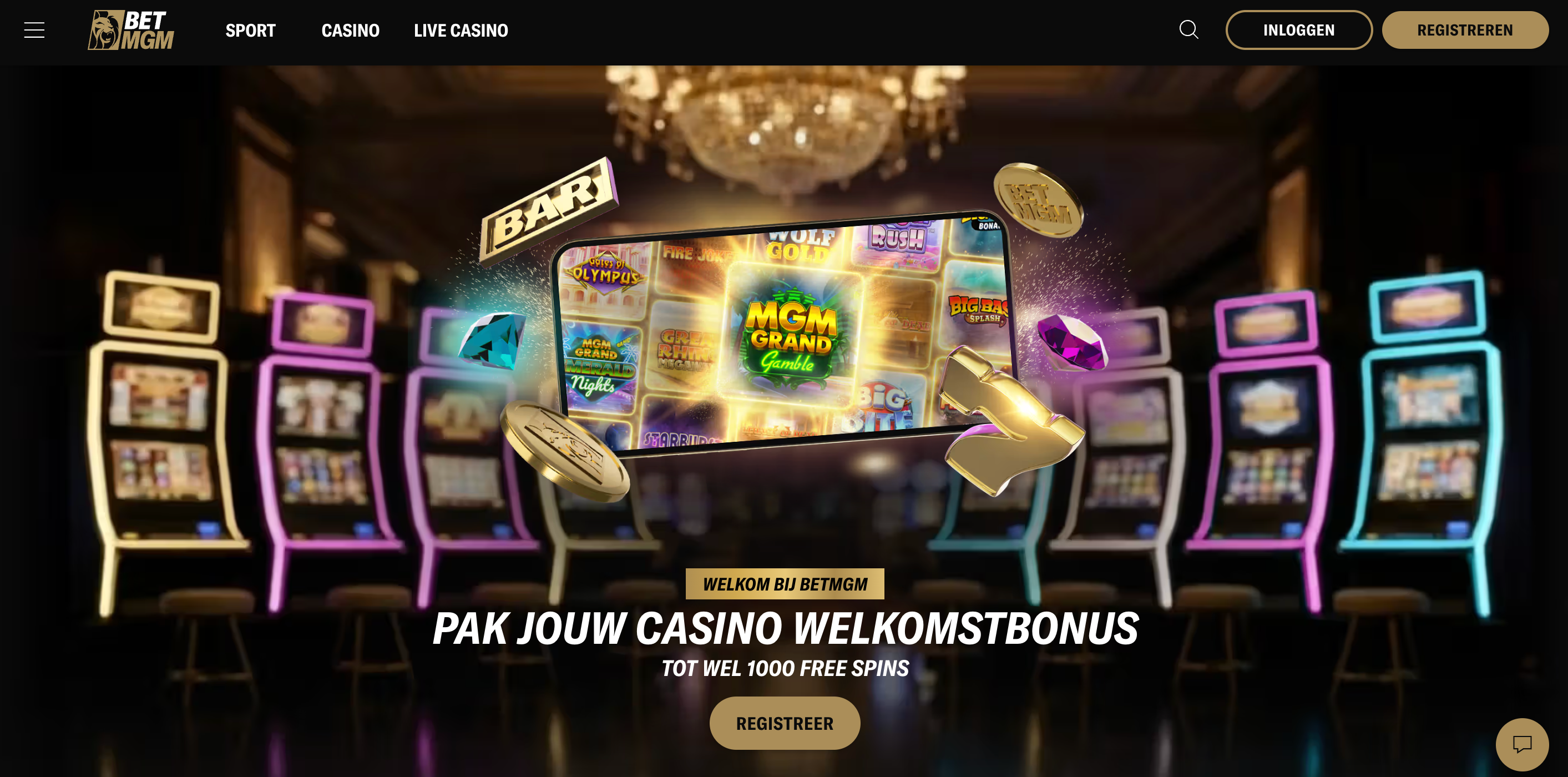 Homepage van BetMGM Casino Nederland met welkomstbonus tot 1000 free spins, een legaal online casino met KSA-vergunning en een groot aanbod aan slots en live casino spellen.