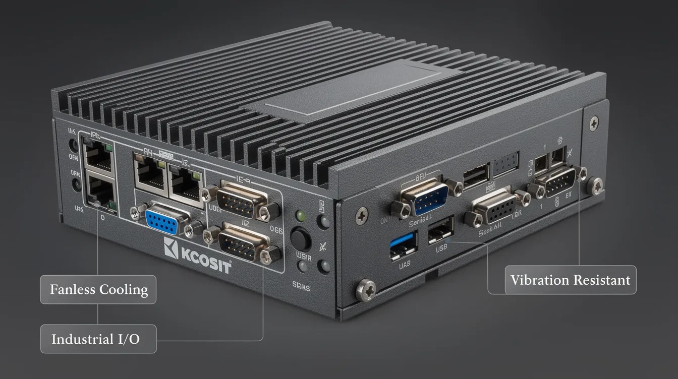 This close-up image features a rugged fanless embedded computer with a dark gray aluminum housing, showcasing its cooling fins and various industrial I/O ports including LAN, Serial, and USB. The design emphasizes durability and reliability, suitable for harsh environments, and includes subtle branding indicating its capabilities for vibration resistance and fanless cooling.