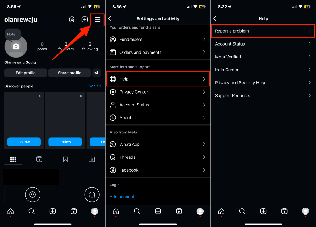 Steps to report technical problem on Instagram