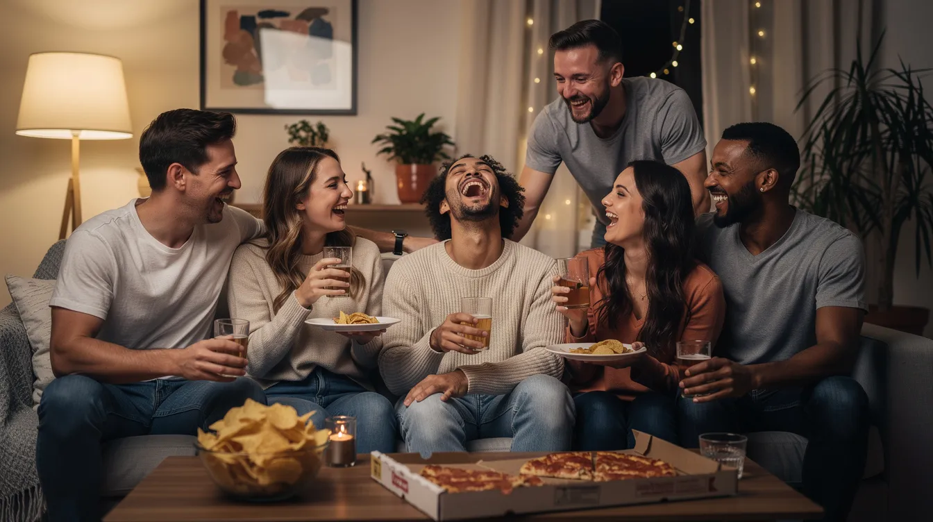 A group of friends is gathered in a cozy living room, laughing and enjoying each other's company at a casual house party. The atmosphere is lively, with drinks in hand and a sense of camaraderie as they share stories and jokes.