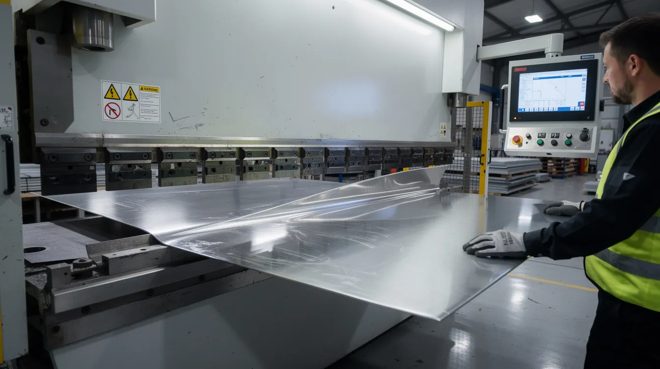 An industrial CNC press brake machine is bending a thin stainless steel sheet in a modern fabrication facility, showcasing the sheet metal fabrication process. This scene highlights the precision and capability of custom metal fabrication services, emphasizing the importance of structural integrity and consistent quality in the creation of high-quality metal components.