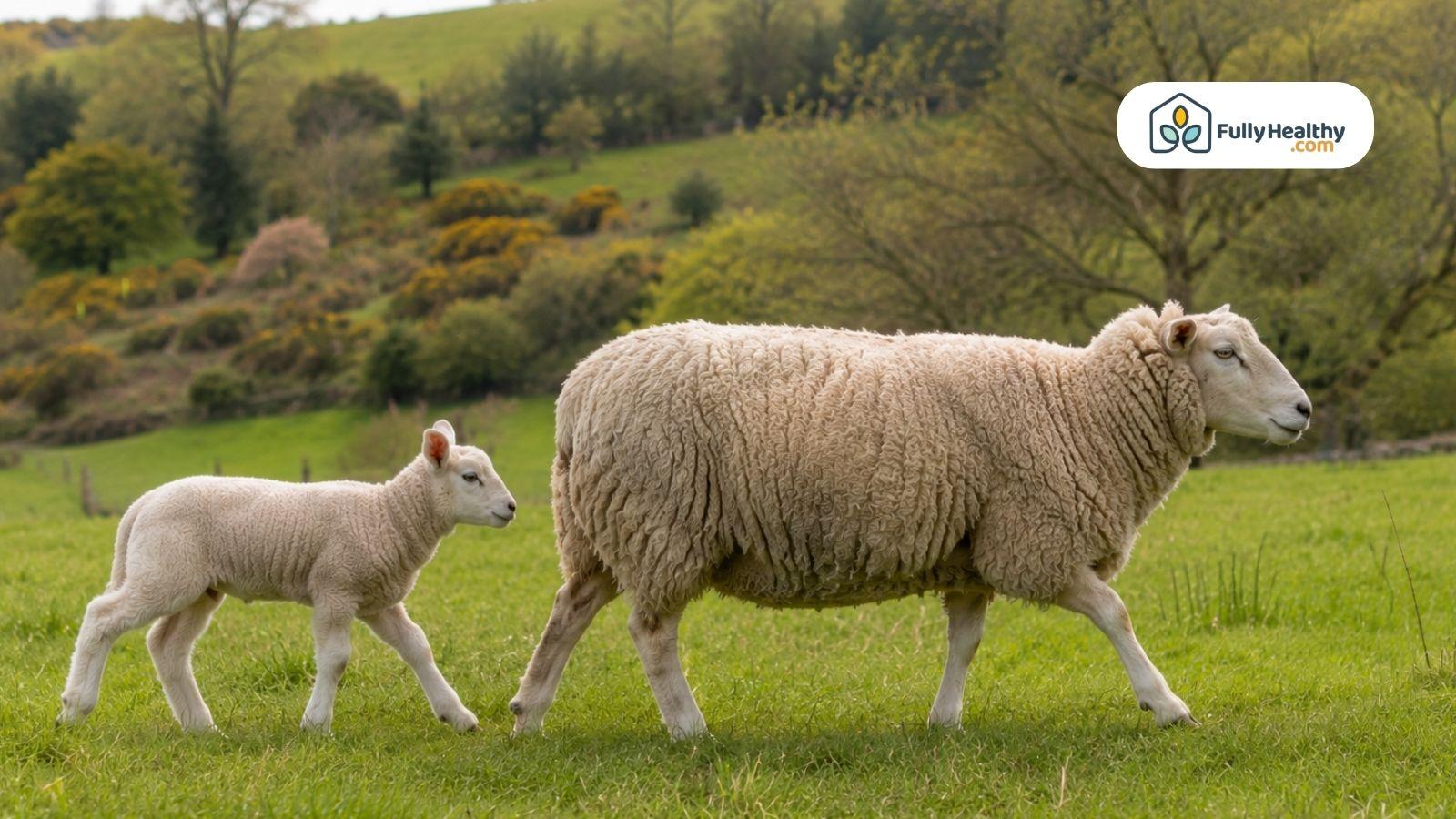 Young lamb walking closely behind a fully grown sheep across a green pasture.