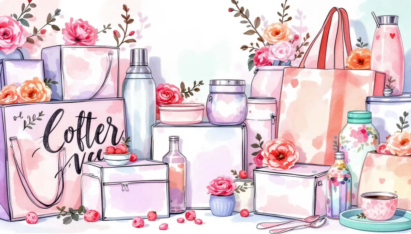 Practical bridesmaid gifts such as insulated tumblers and tote bags.