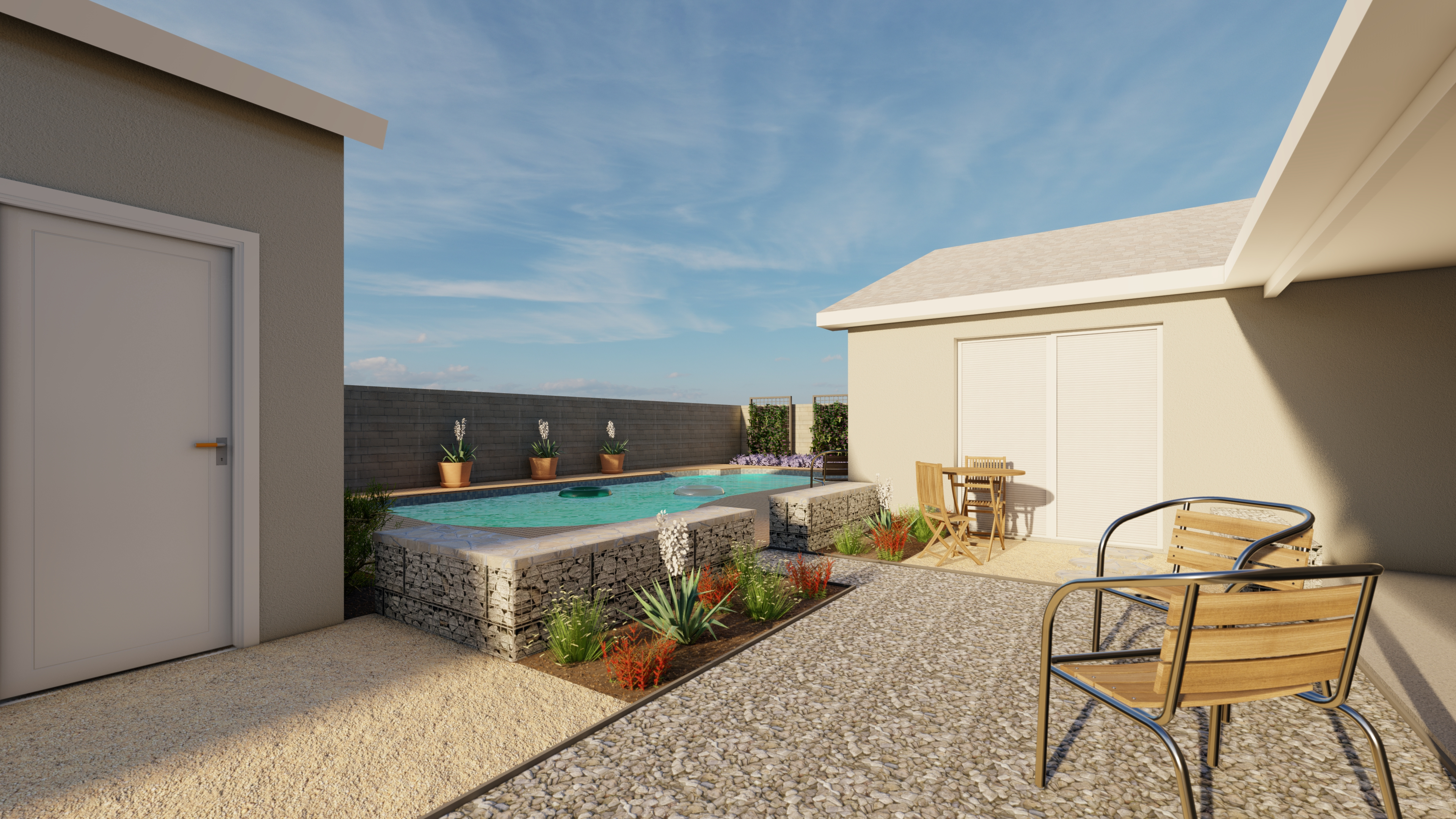 This dessert bakyard uses containers alongside the pool