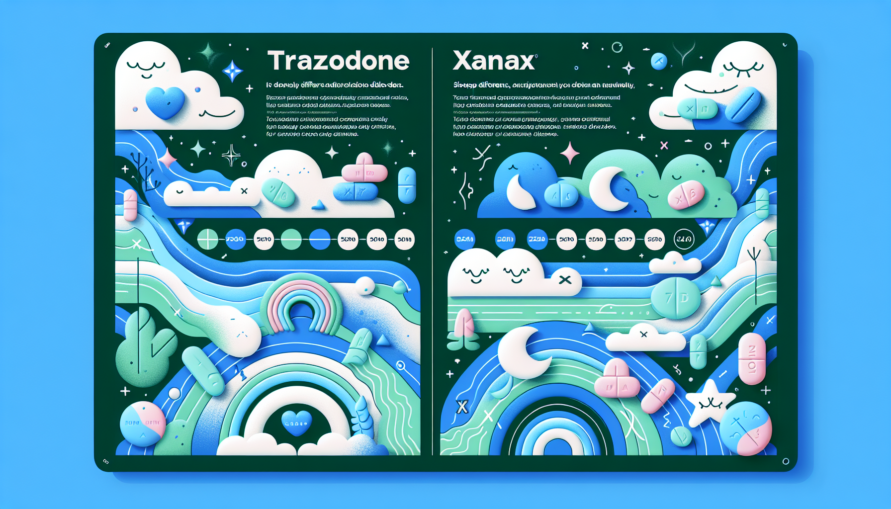 An illustration showing the similarities between trazodone and xanax, highlighting their uses in treating anxiety and sleep disorders.