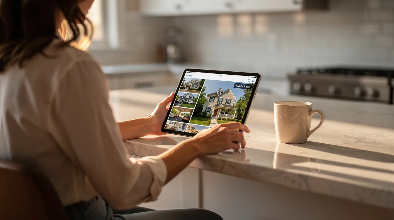 A person is sitting at a kitchen counter, intently scrolling through real estate listing photos on a tablet device, exploring potential homes and considering the impact of professional staging on their future property investment. The warm kitchen setting suggests a cozy atmosphere, highlighting the importance of home staging in attracting buyers and selling homes faster.