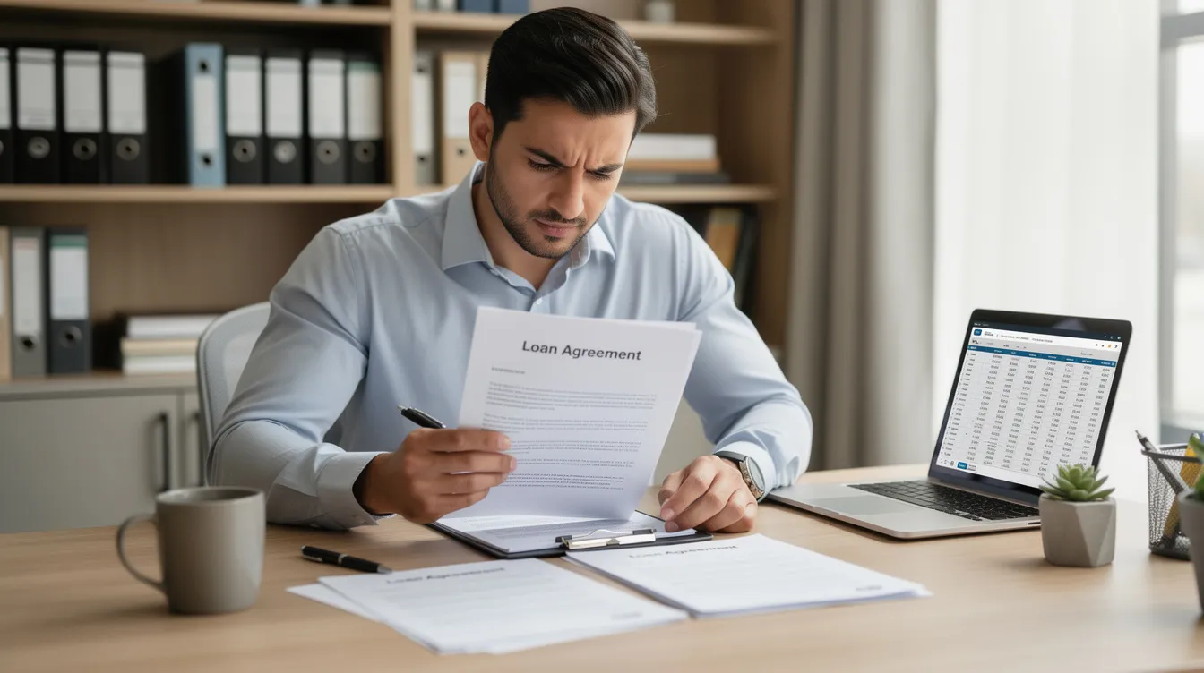 bd78386f 46ab 4667 81f1 27f9268dca32 An entrepreneur is seated at a desk, intently reading a loan agreement, likely related to a business loan under the Pradhan Mantri Mudra Yojana scheme. The document may include important details about eligibility criteria and the loan amount needed for their micro enterprise.
