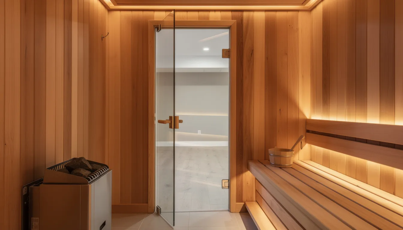The image depicts a cozy basement sauna featuring warm ambient lighting, a rich cedar interior, and a glass door, creating an inviting space for relaxation. This personal sauna is designed for efficient heat retention and proper ventilation, making it an excellent location for a soothing sauna experience.