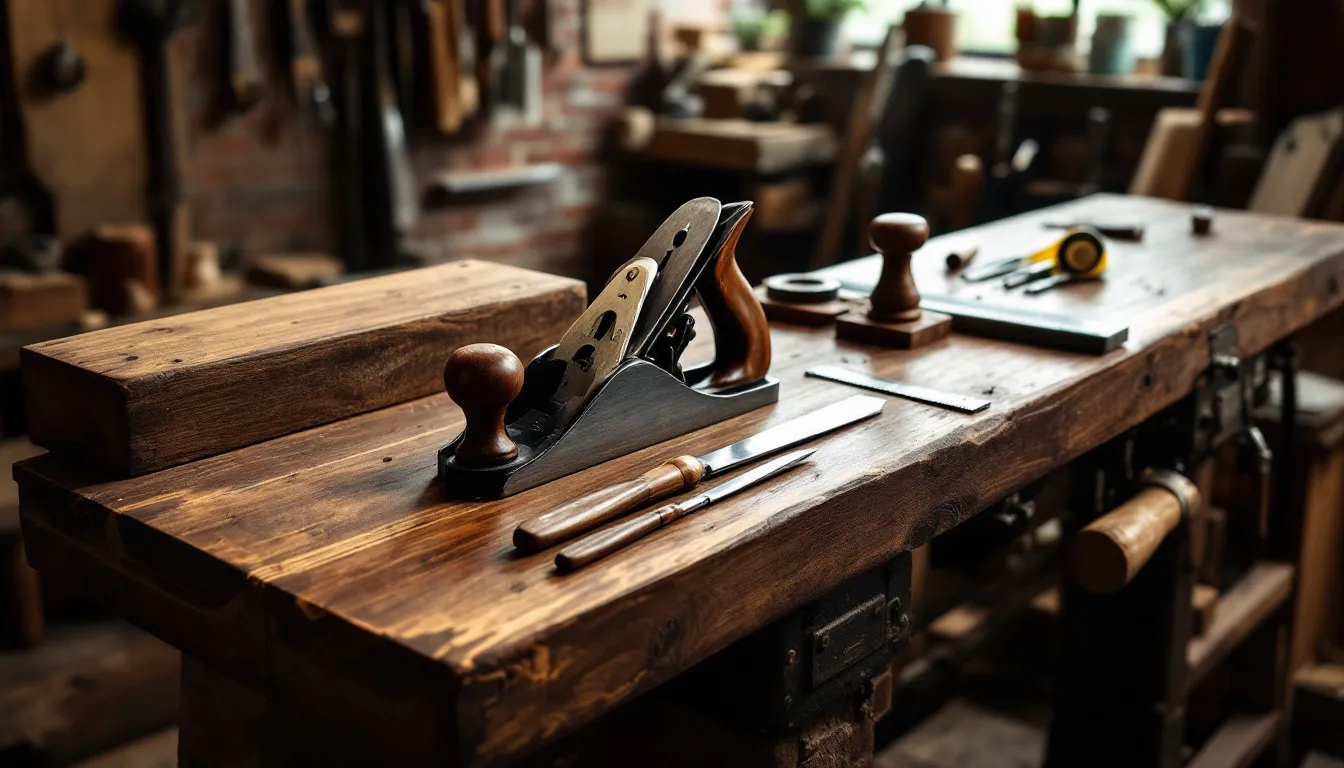 L'image montre un établi en bois sur lequel sont disposés divers outils de menuiserie traditionnels, tels que des scies, des ciseaux à bois et des équerres. Ces outils illustrent le savoir-faire des menuisiers à Nantes, mettant en avant la qualité et la précision nécessaires pour des réalisations sur mesure dans le domaine de la menuiserie.