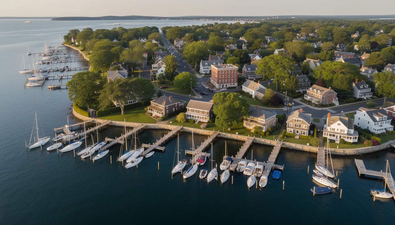 An aerial view captures a picturesque Connecticut shoreline town, showcasing boats gently bobbing in the harbor alongside charming waterfront homes. This scene highlights the community's unique features and potential for luxury real estate, ideal for buyers seeking a vibrant lifestyle.