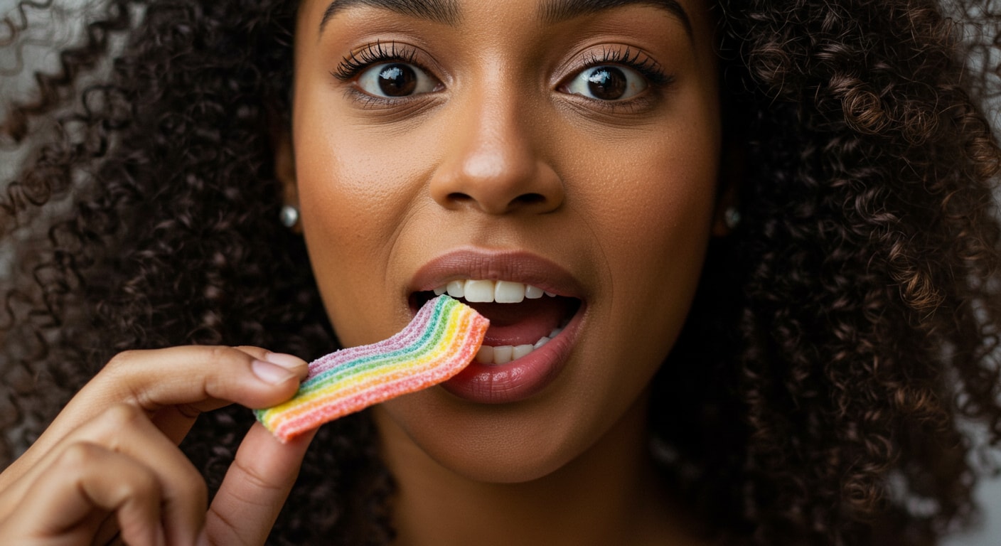 A closeup of a woman biting into a Sour Rainbow Roll