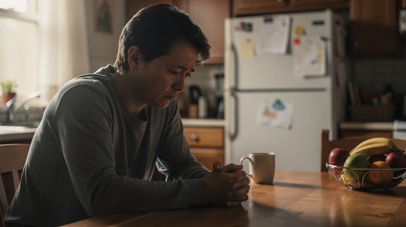 A concerned adult is seated at a kitchen table with their hands folded, reflecting on the importance of drug abuse prevention and education. This moment emphasizes the need for positive alternatives and good decision-making skills in the face of peer pressure and substance abuse challenges.