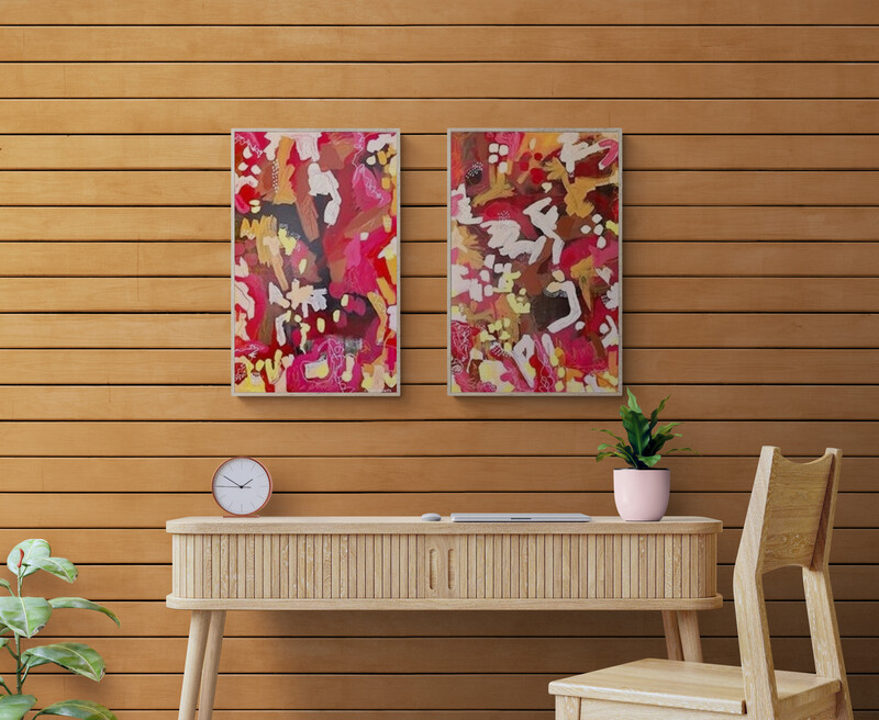 Wooden interior space with wall art "When Joy Visits" by Krista Powers.