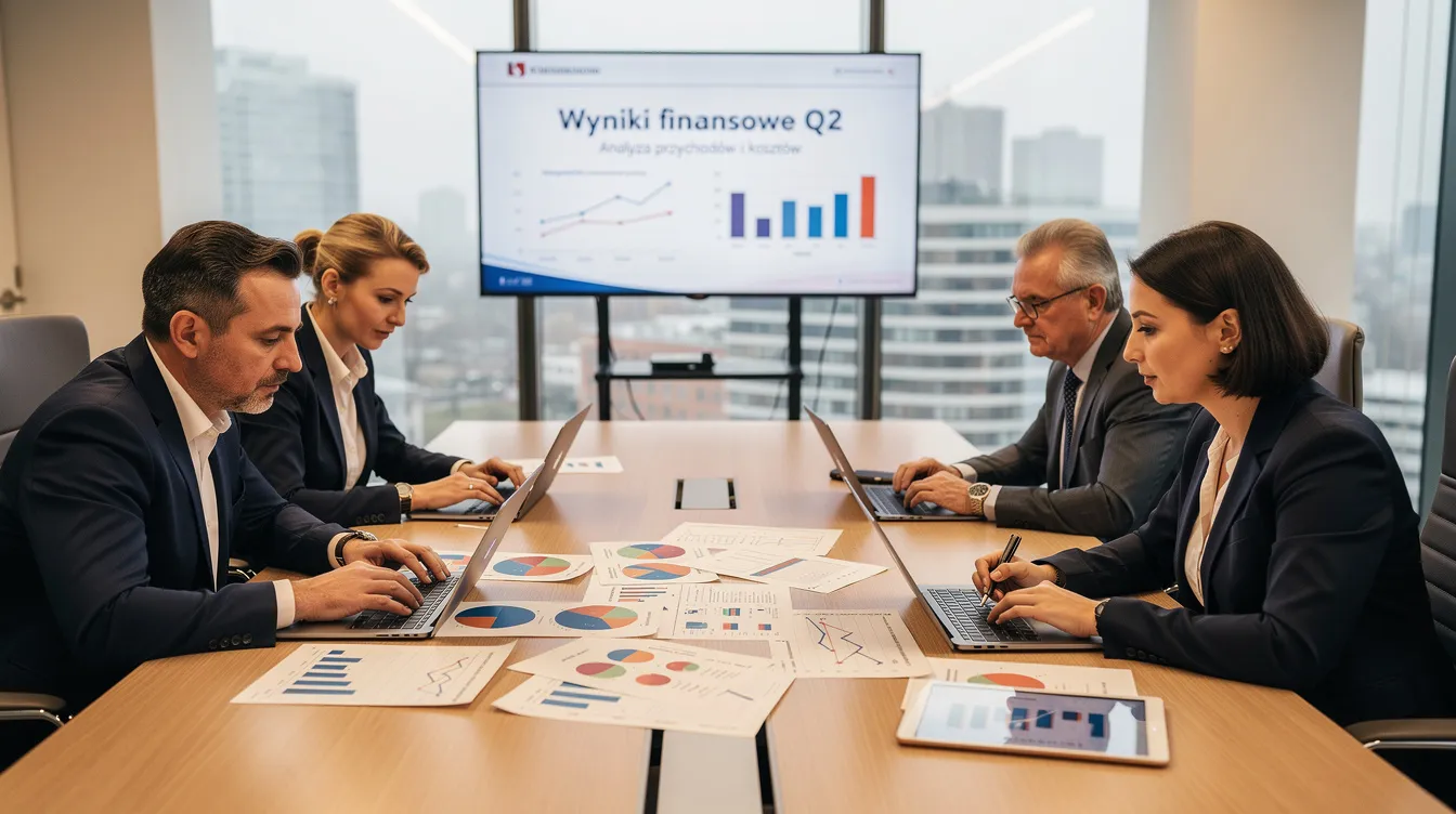 bd7cb47b f92a 411e 9963 e161366053cc Na obrazku widoczny jest zespół biznesowy, który dyskutuje nad dokumentami finansowymi przy stole konferencyjnym. Wspólnie analizują sprawozdania finansowe, co jest kluczowe dla efektywnego zarządzania i podejmowania trafnych decyzji w działalności przedsiębiorstwa.