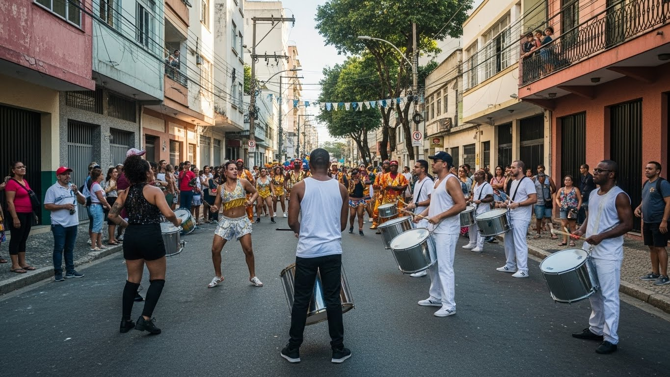 Samba school rehearsal in a Rio de Janeiro neighborhood before Carnival, with dancers practicing, drummers playing, and locals watching as the city prepares for the festival.