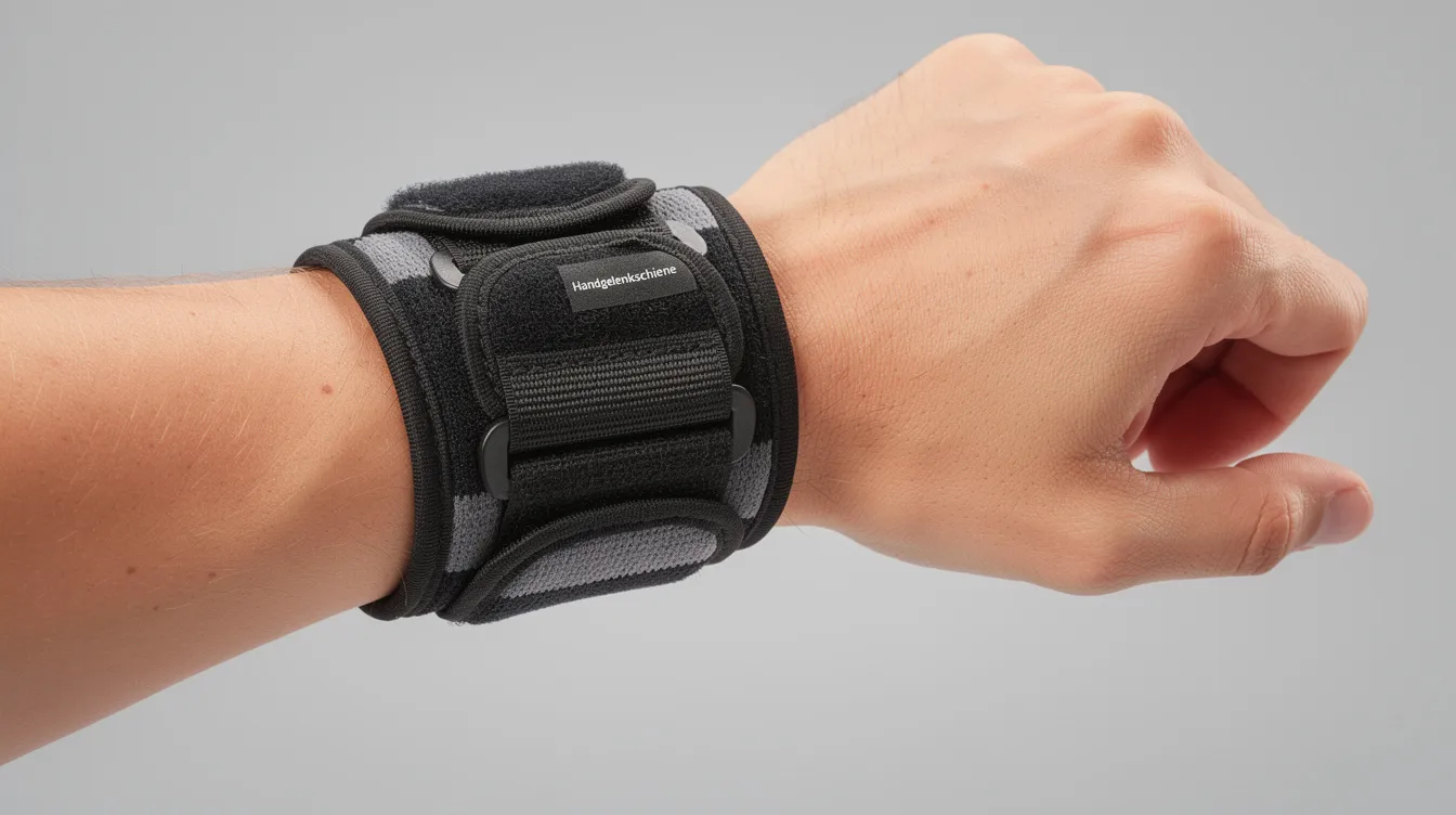 Die Nahaufnahme zeigt eine medizinische Schiene, die am Handgelenk angebracht ist, vor einem neutralen Hintergrund. Diese temporäre Lösung dient dem Schutz und der Stabilisierung des Handgelenks, um Verletzungen zu behandeln und Symptome zu lindern.