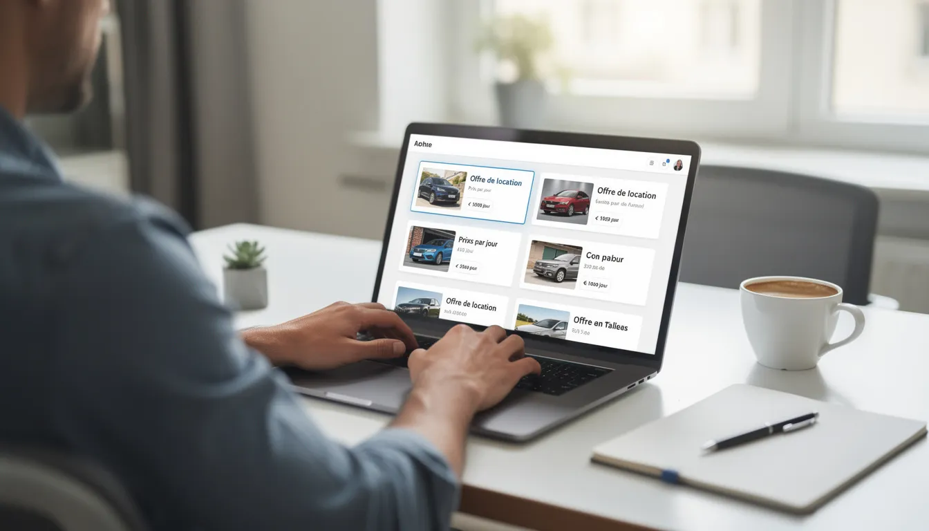 Une personne est assise devant un ordinateur portable, consultant différentes offres de location de voitures affichées à l'écran. Les informations incluent des prix, des types de véhicules et des options de prise en charge pour aider à trouver la meilleure offre de location.