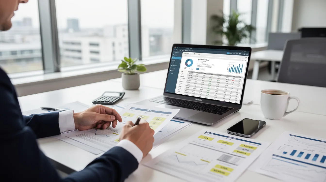 bd7fa102 d113 403c b289 8357572be8ef A professional is seated at a modern office desk, intently working on financial documents and spreadsheets, which are likely part of a detailed project report related to the healthcare sector. The environment reflects a focus on financial planning and management systems essential for supporting diagnostic services and healthcare facilities.