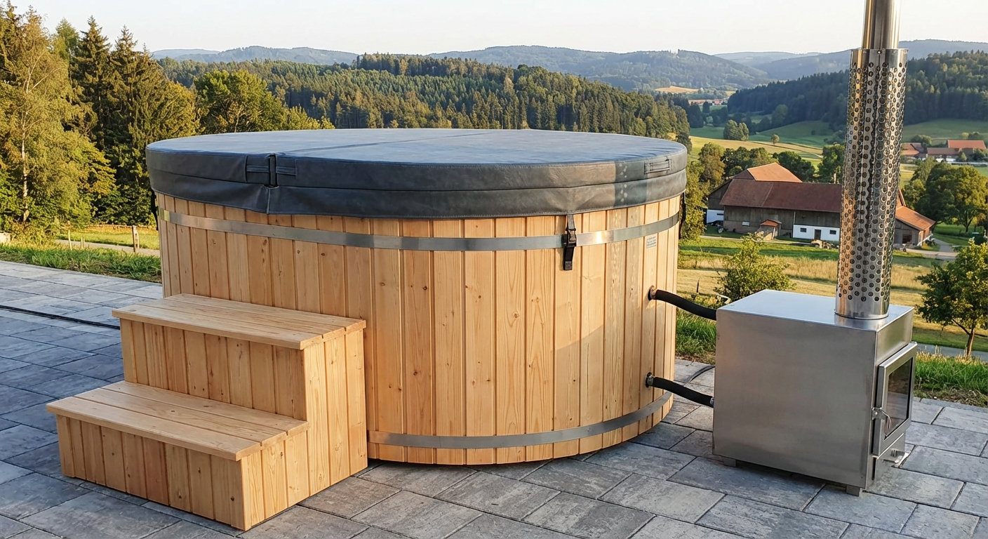 Czym czyścić balie ogrodowe? Na zdjęciu balia ogrodowa w otoczeniu pięknych widoków.