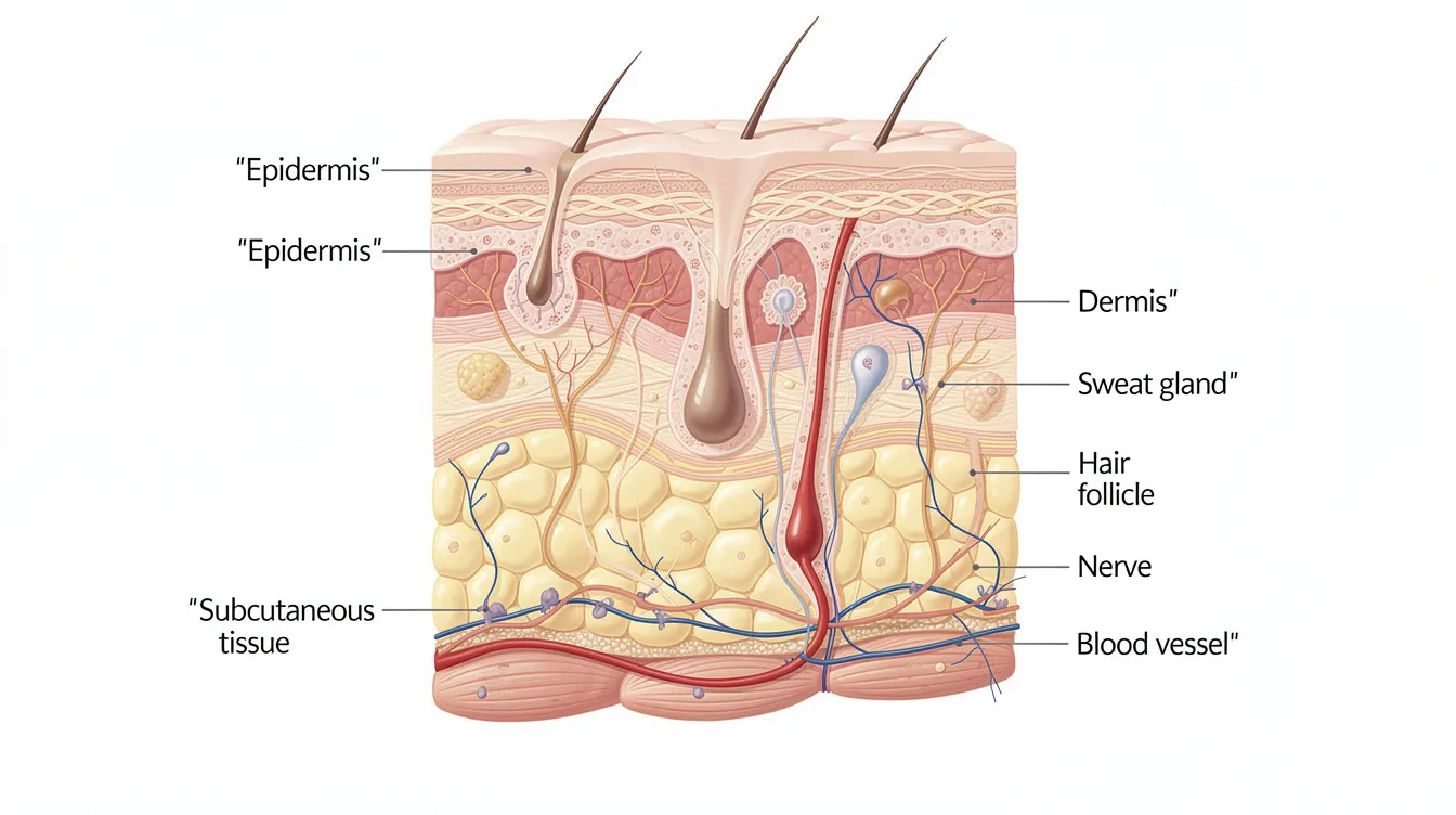 The image depicts an anatomical cross-section model illustrating the various layers of skin and subcutaneous tissue, highlighting the treatment area for cosmetic procedures like non-surgical butt augmentation. This medical illustration emphasizes the importance of skin quality and collagen production in achieving desired results for buttock enhancement.