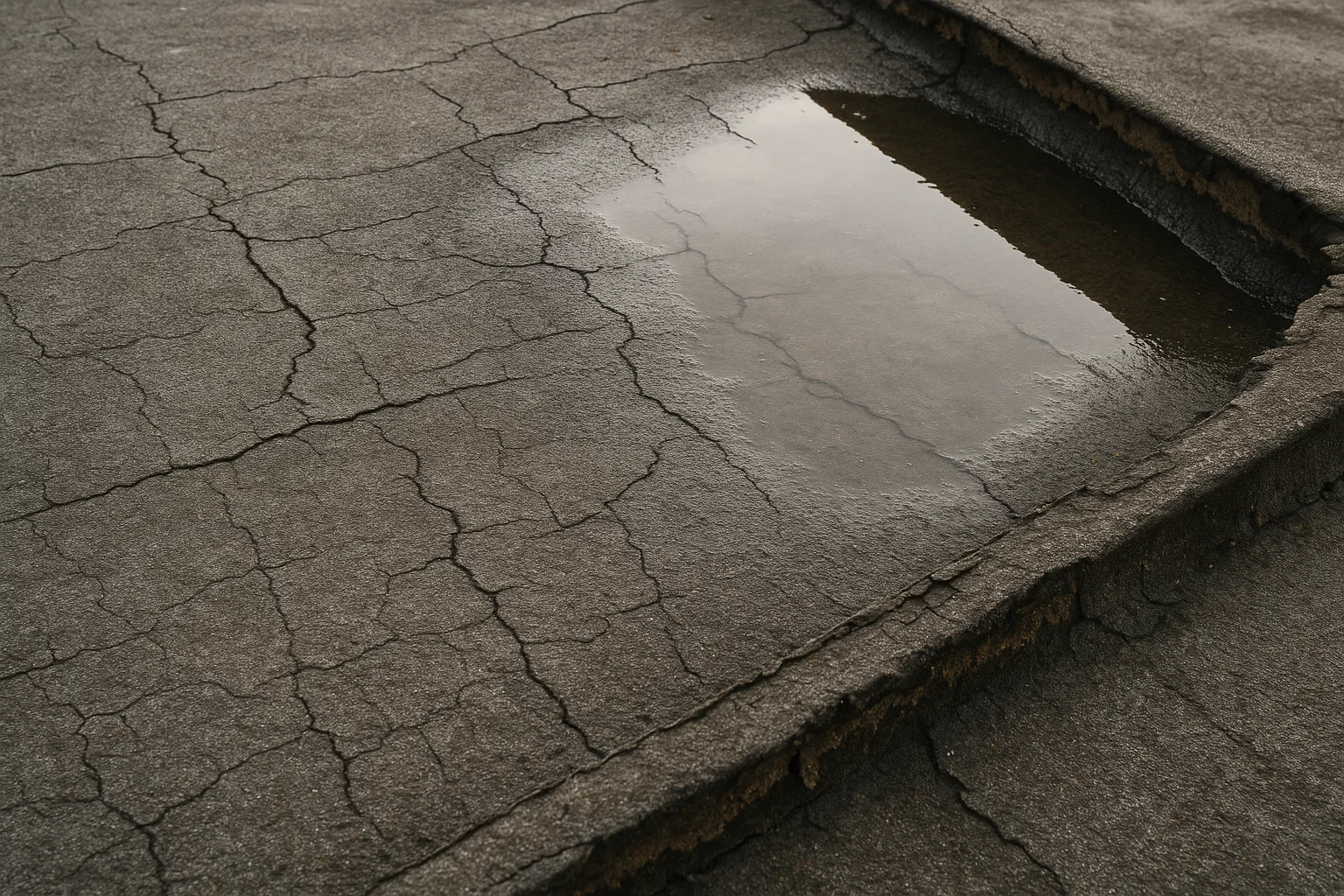 Damaged flat roof showing cracks, blisters, and water pooling.