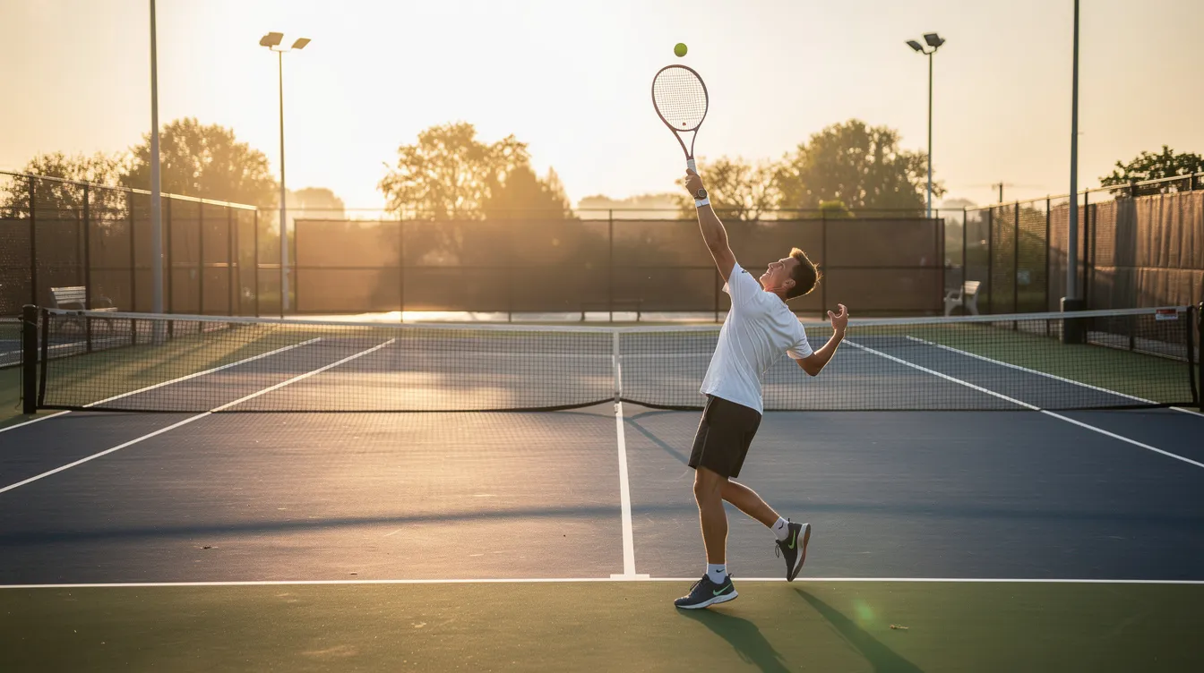 A tennis player is practicing serves on an outdoor tennis court during the late afternoon, with the sun casting long shadows. The scene captures the vibrant atmosphere of a tennis center, where players of all ages can enjoy the sport.