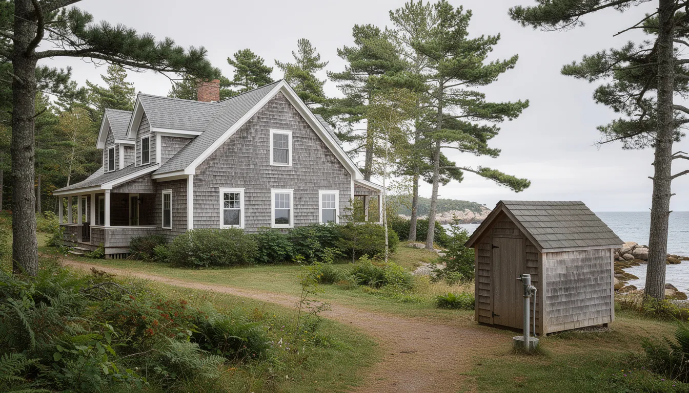The image depicts a charming coastal home in Maine, surrounded by lush trees, with a private well pump house visible nearby. This setting highlights the importance of water treatment solutions for Maine homeowners, ensuring access to pure drinking water free from harmful contaminants.