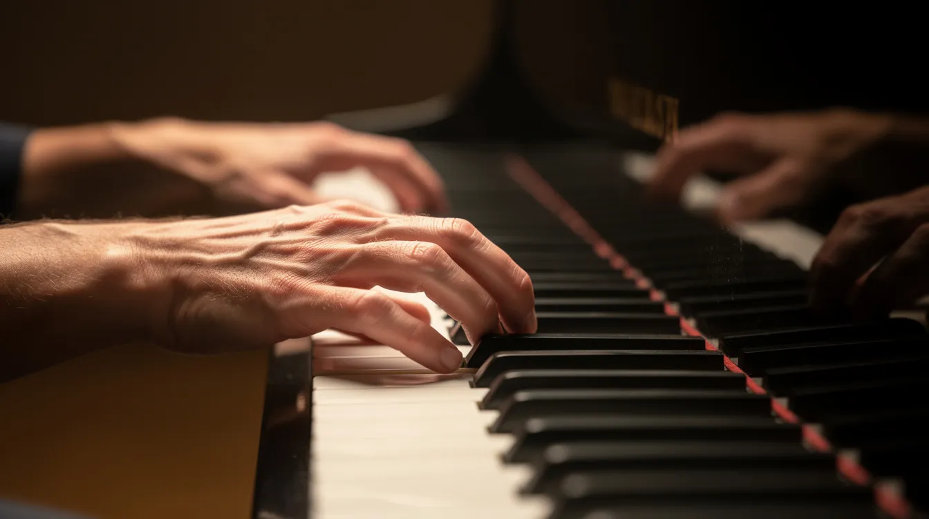 Die Hände eines Musikers spielen in Seitenansicht auf einer Klaviertastatur, während sie die Töne der C-Dur-Tonleiter erkunden. Die Finger bewegen sich geschmeidig über die Tasten und erzeugen eine harmonische Melodie.